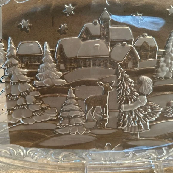 Clear Glass Winter Scene Girl with Christmas Tree and Deer Cookies Platter - Picture 4 of 10